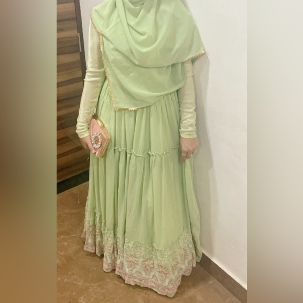 Full flaired beautifully embroidered pastel green gown for party wear - Picture 1 of 11